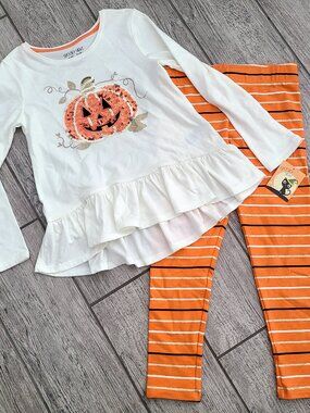Spooky Night Girls Halloween Outfit Size 6X Sequin Pumpkin Top Leggings Set NWT